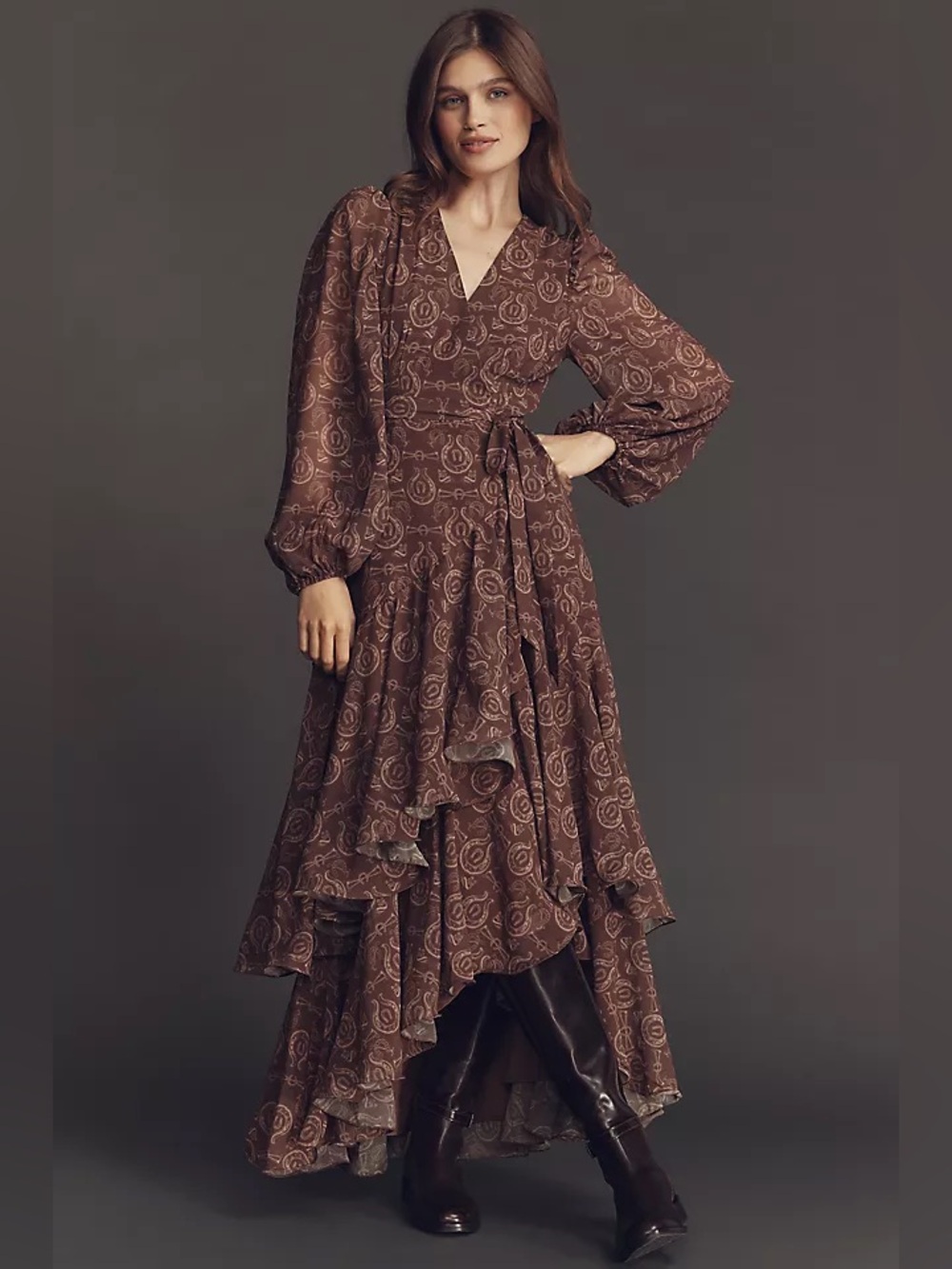 Hutch Helen Long-Sleeve Ruffled Wrap Maxi Dress, Rodeo Print, NWOT, Size 2X